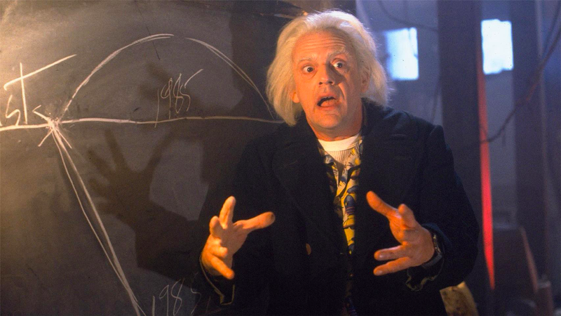 Doc (Christopher Lloyd) explaining the bad, alternate 1985 that was created thanks to Old Biff’s meddling.